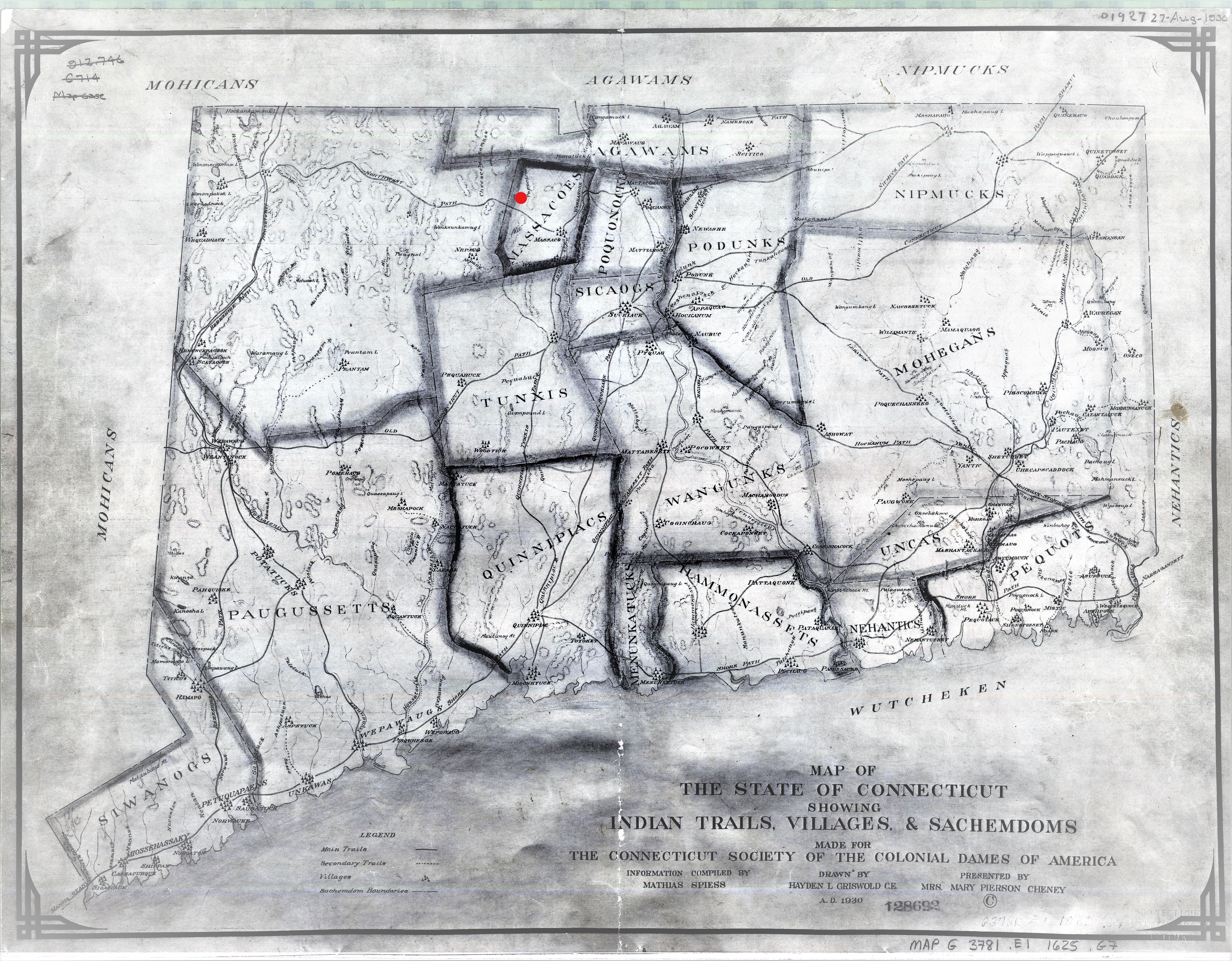 1625 Map of The State Of Connecticut - Indian Trails, Village & Sachemdom