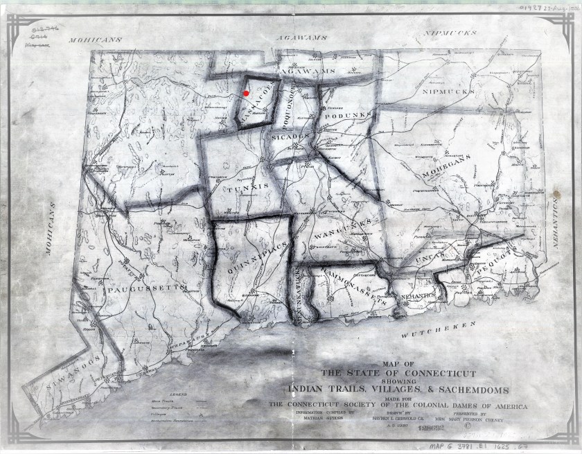 1625 Map of The State Of Connecticut - Indian Trails, Village & Sachemdom