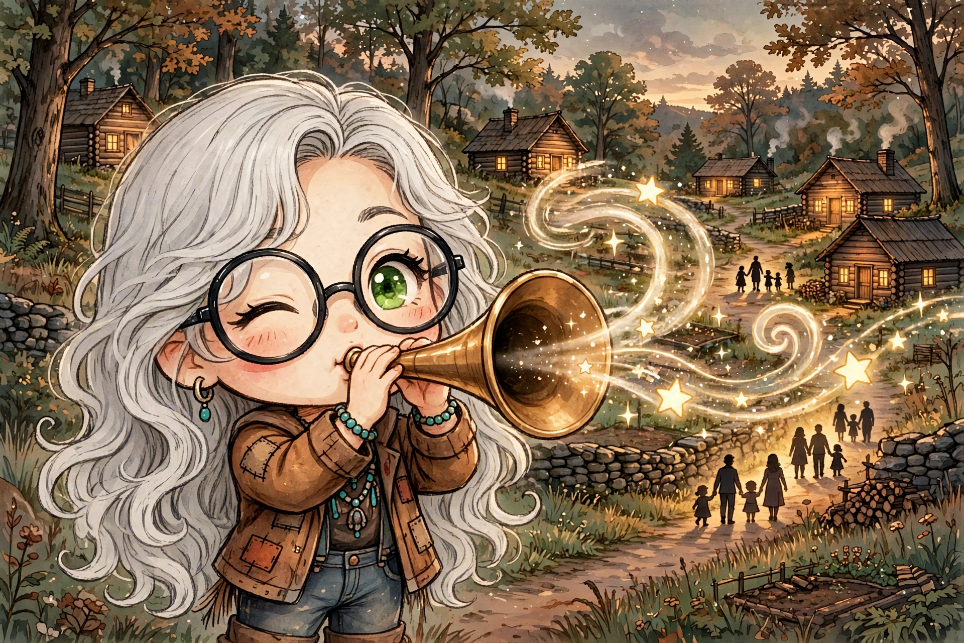 Cartoon-Coni blowing a brass foghorn, calling descendant families home to the Barkhamsted Lighthouse village