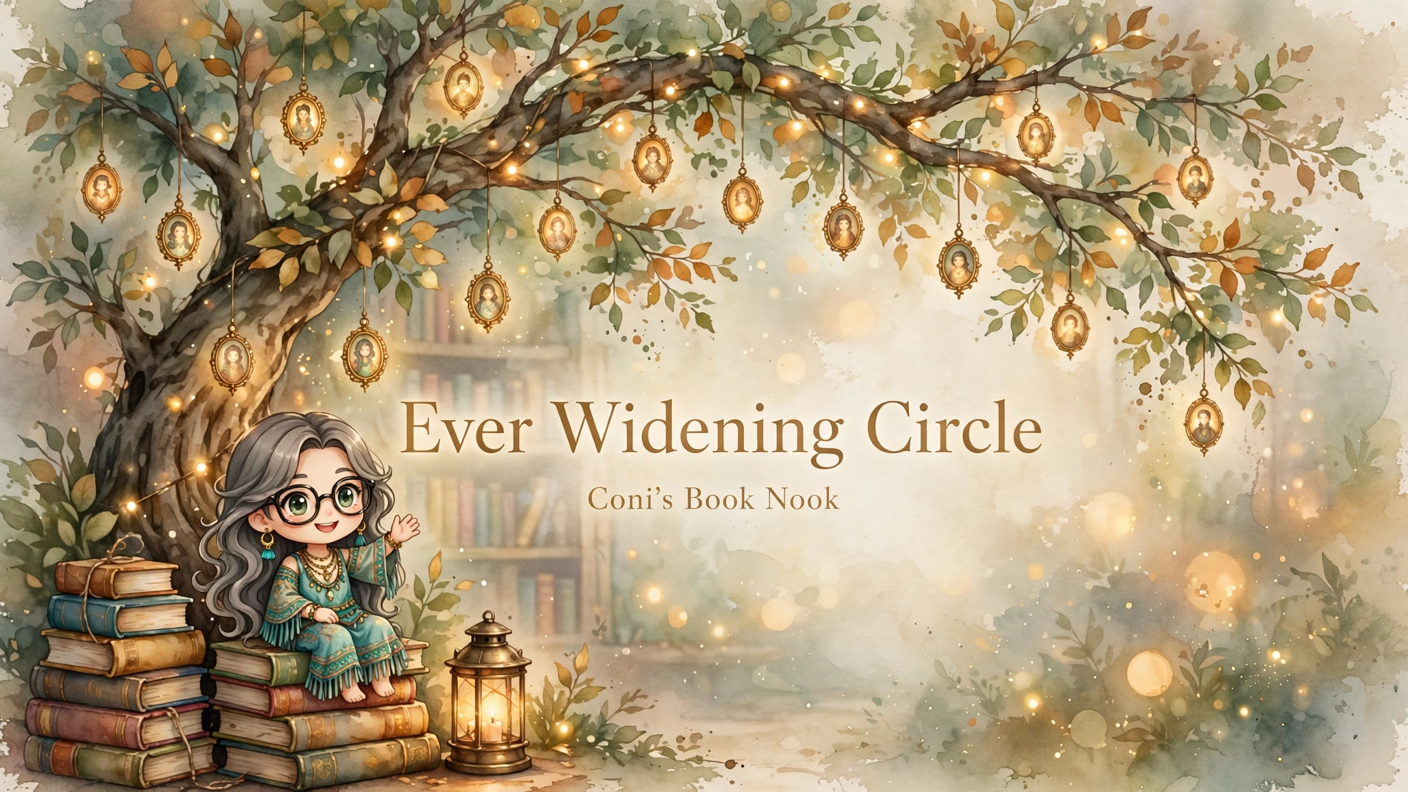 Book Nook banner: a luminous watercolor family tree with glowing ancestor medallions, a mini-me character sitting on a stack of books, with "Ever Widening Circle" and "Coni's Book Nook" text