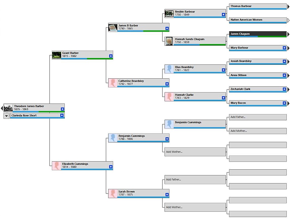 Family tree chart showing Theodore James Barber (1835–1863) and his wife Clarinda Rose Short, with his parents Grant Barber and Elizabeth Cummins, grandparents, and great-grandparents Reubin Barbour and Hannah Sands Chagum — daughter of James Chagum and Mary Barbour