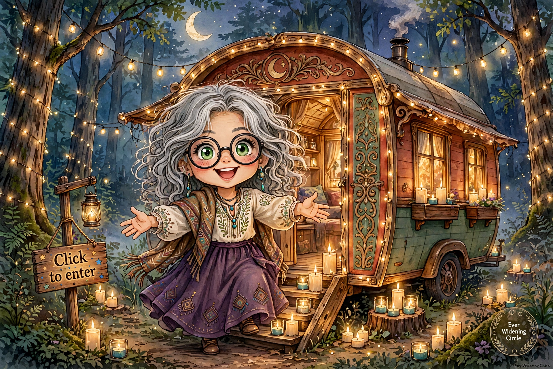 Rustic gypsy caravan tucked in the woods, candles and strings of lights, with a wooden sign reading Click to enter — the new Book Nook entrance