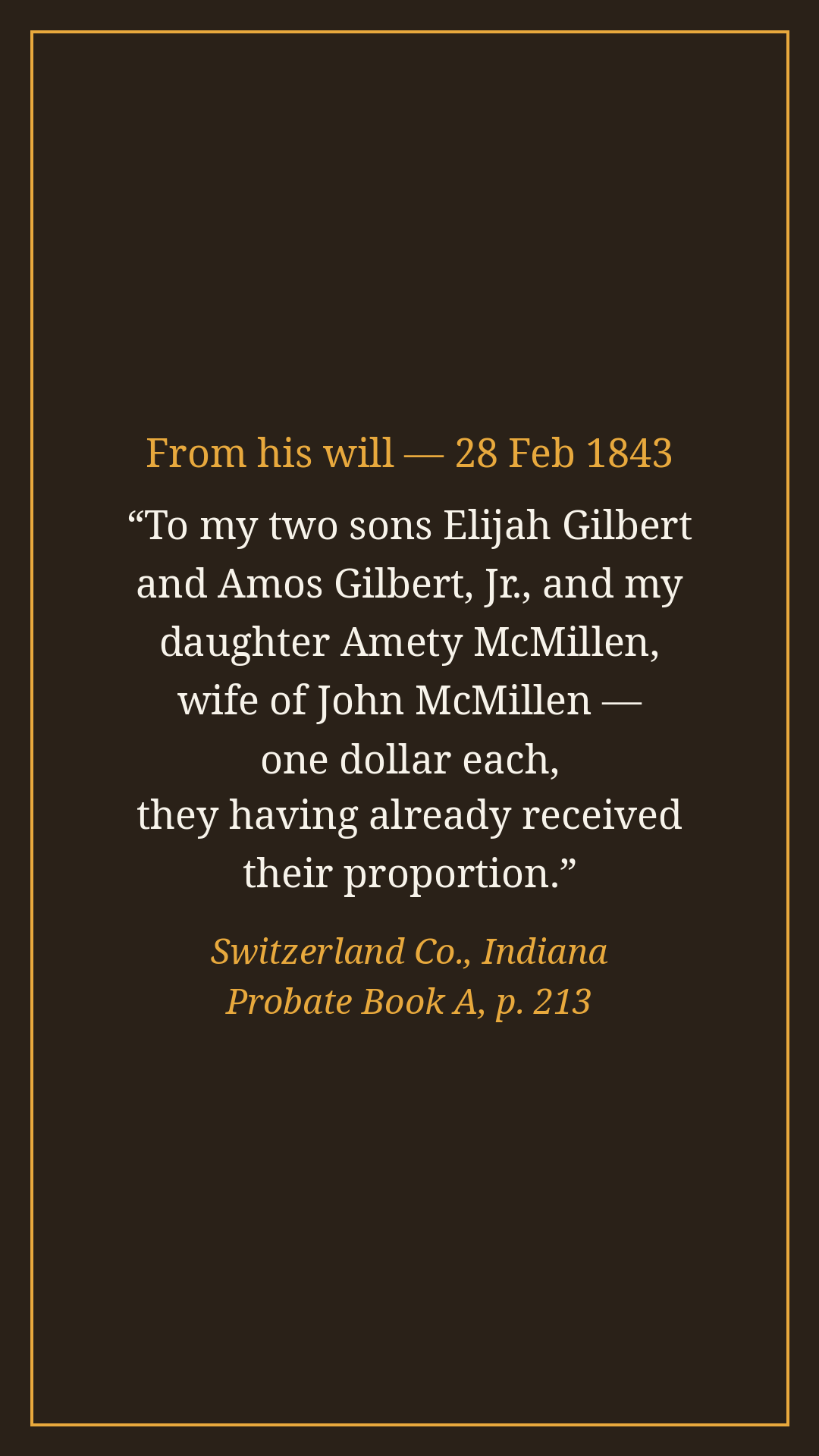 Amos Gilbert's 1843 will excerpt: one dollar each to the older children